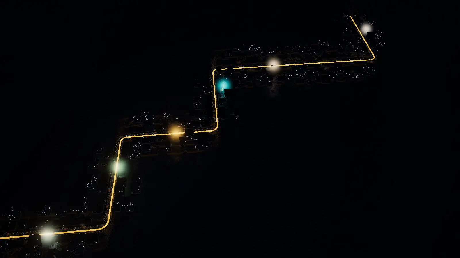 Illustration: the whole route from above, seven lit storefronts along one gold line
