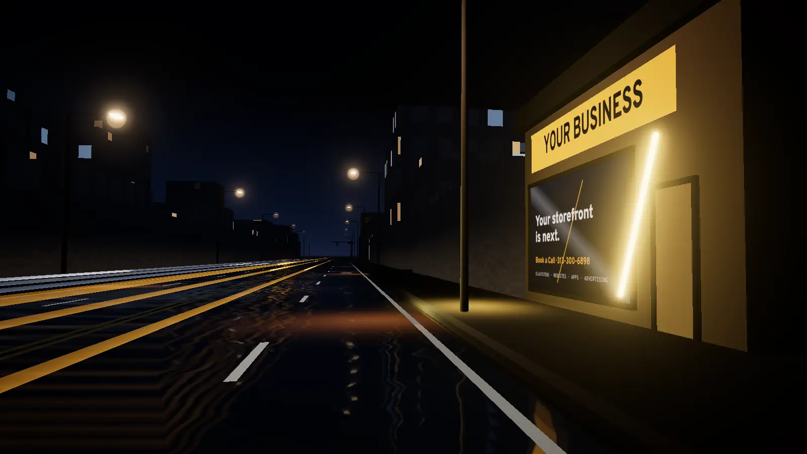 Illustration: the dark storefront from the start, now lit in gold: Your storefront is next