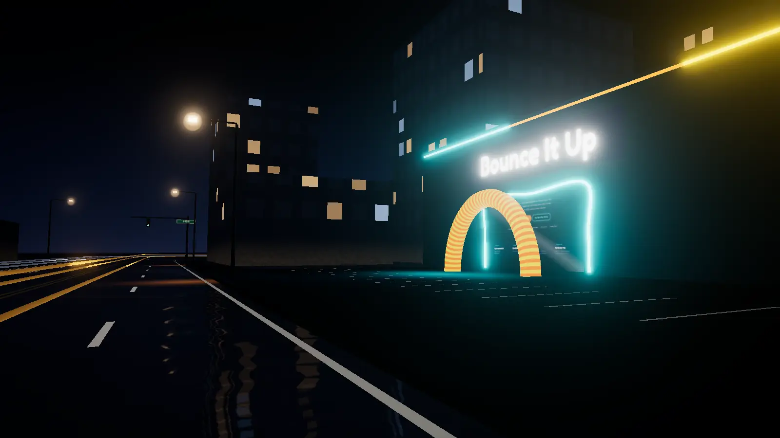 Illustration: the Bounce It Up building outlined in neon, its real website at the entrance